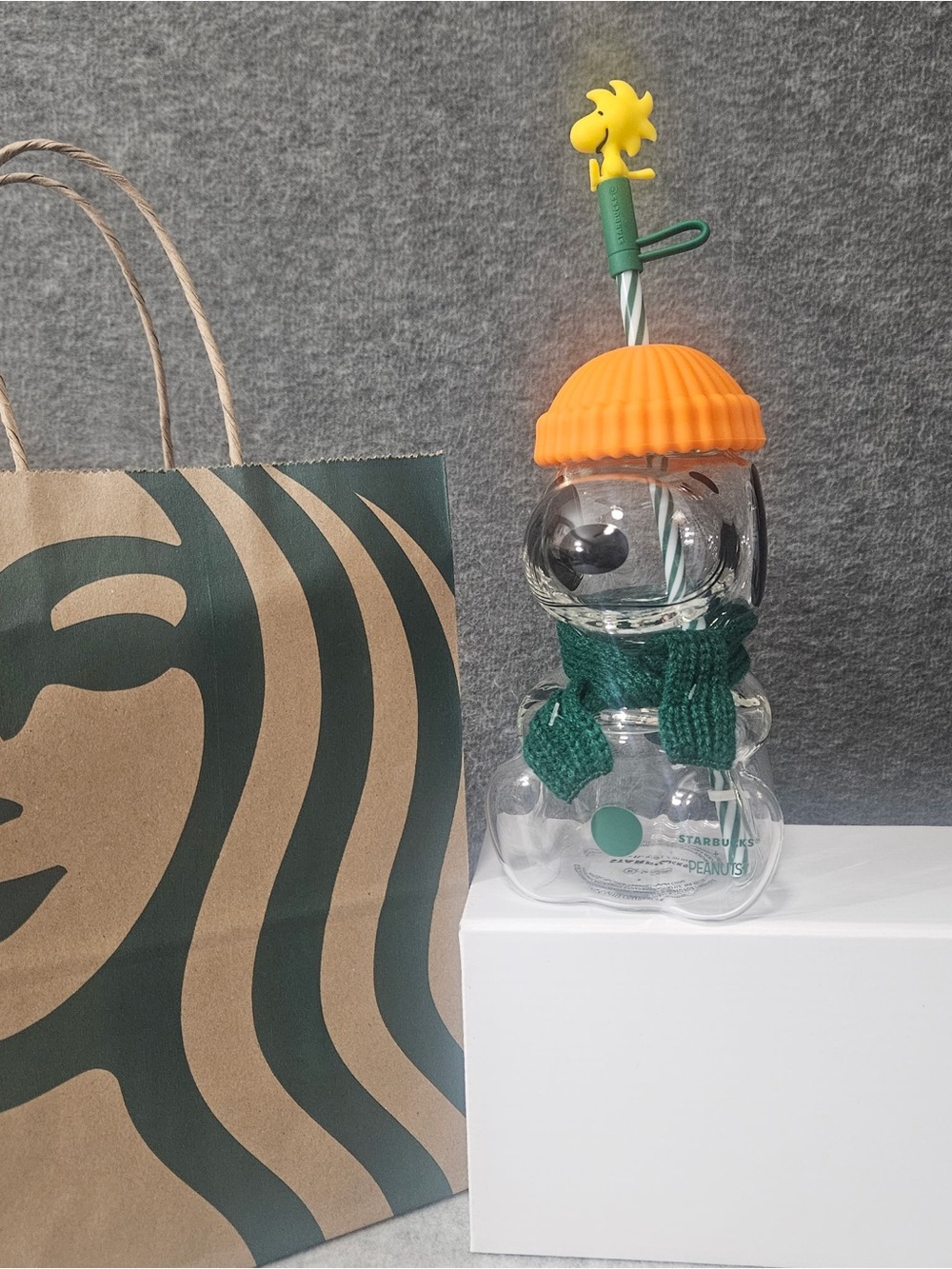 Starbucks Snoopy Glass Cup with Orange Lid and Green Scarf and Woodstock Topper